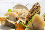 Гастрономия: Бульон со шнитт-луком. Ракушки фасолари, бульон со шнитт-луком и грибы в маринаде эскабече. Marcel ress